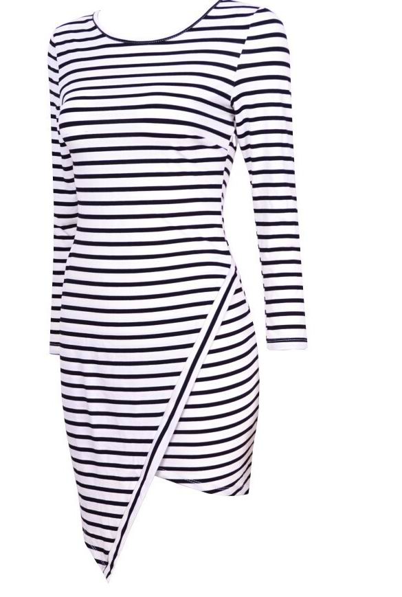 F2313 White Stripe Long Sleeve Asymmetrical Hem Dress